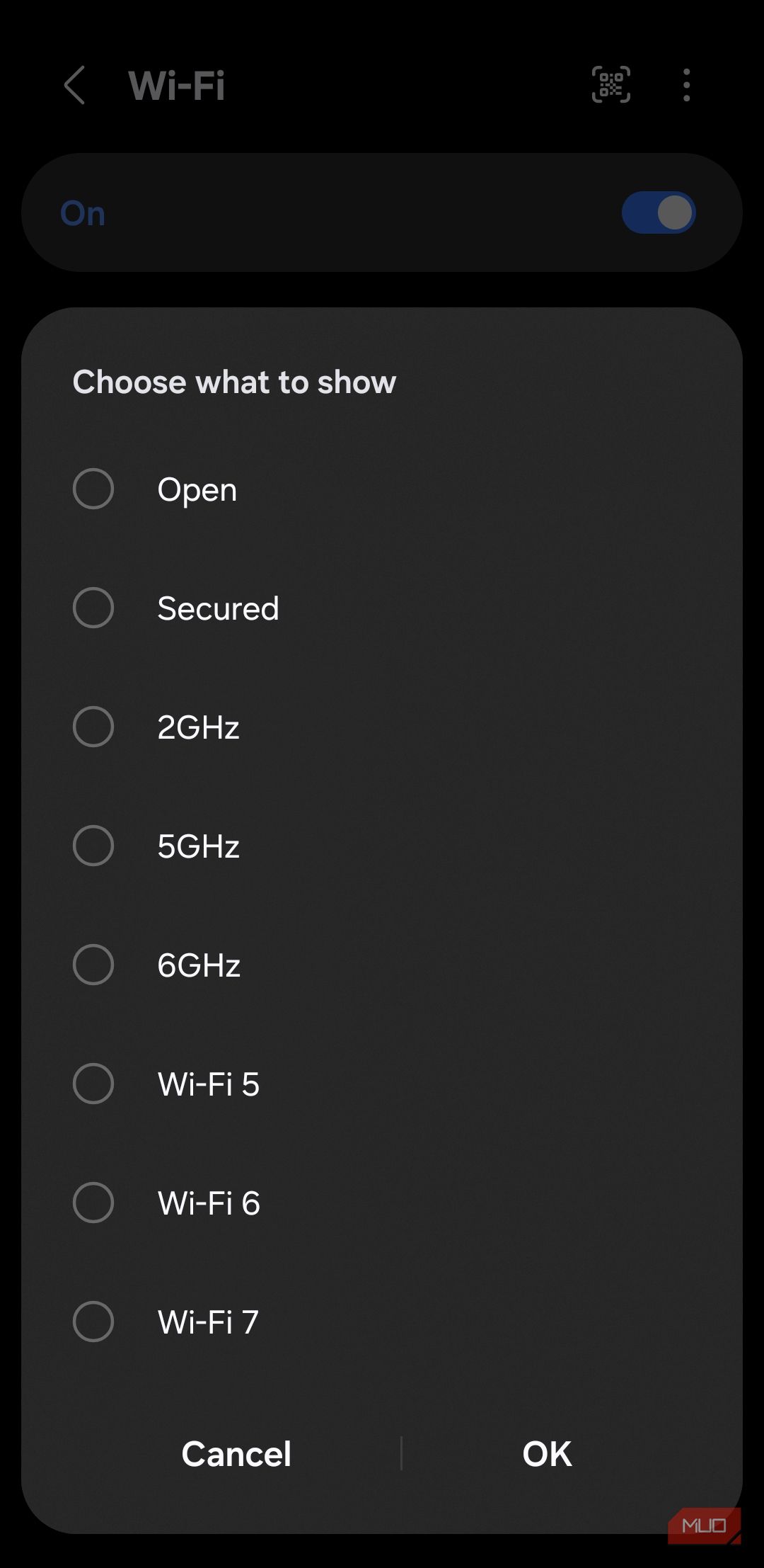 Wi-Fi filter menu on Samsung phone