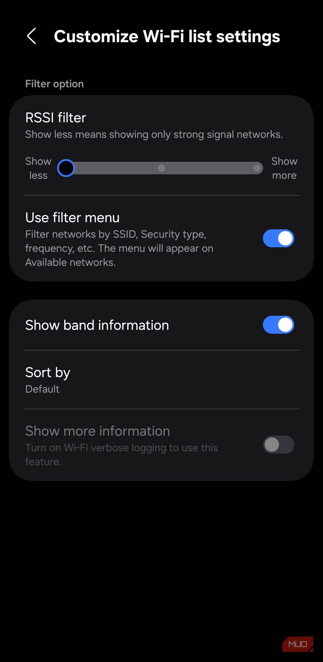 Wi-Fi settings menu on Samsung phone