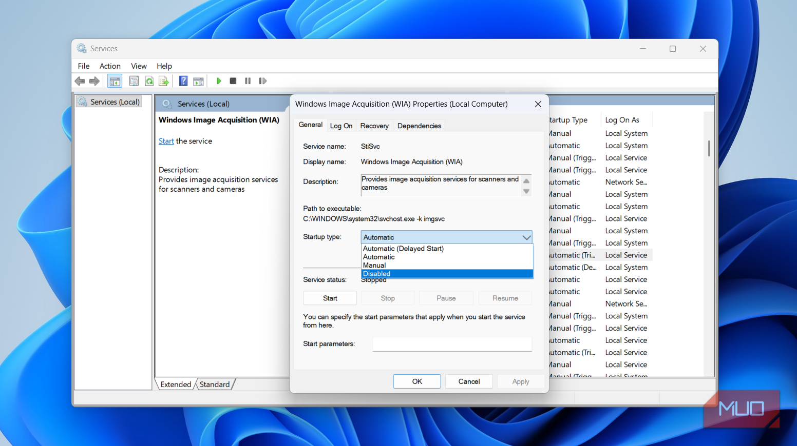 Windows 11 services app WIA service configuration