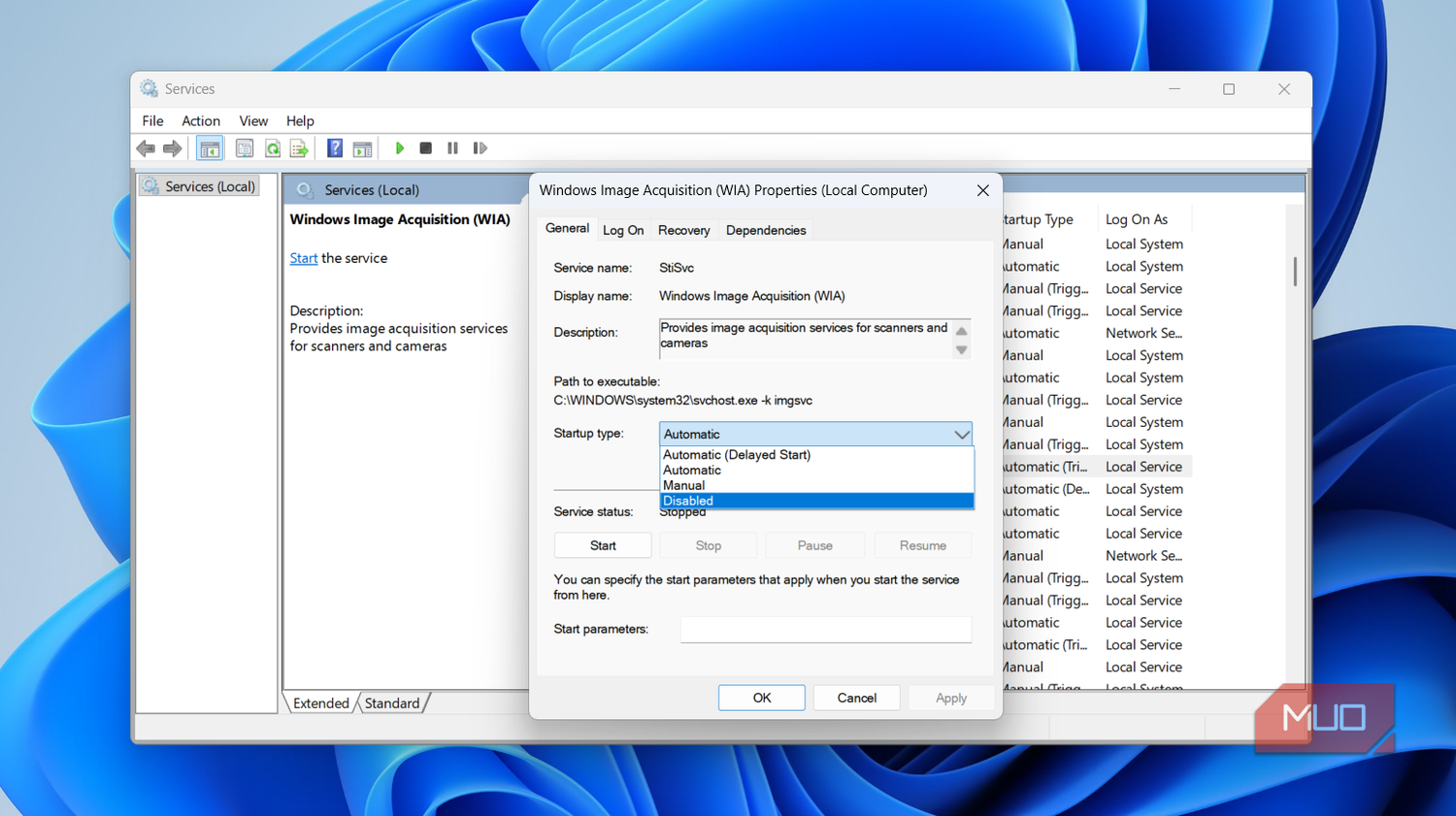 Windows 11 services app WIA service configuration