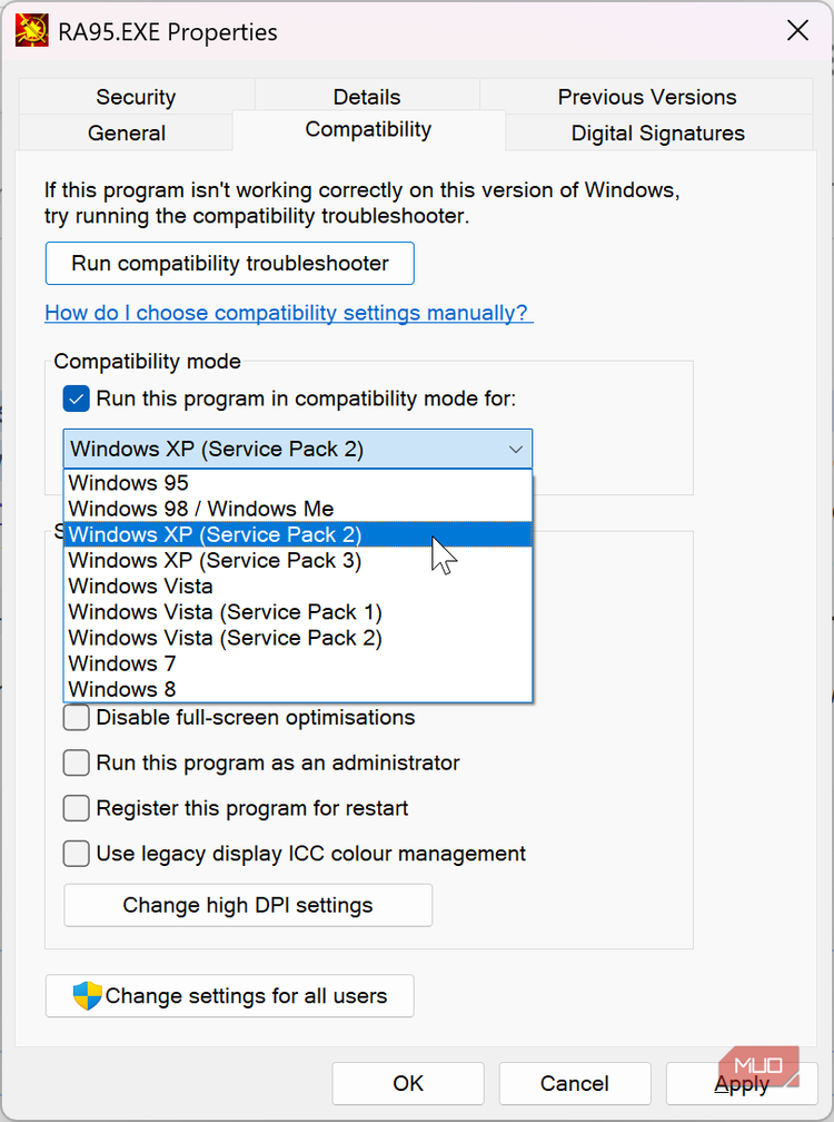 windows 11 compatibility properties menu.