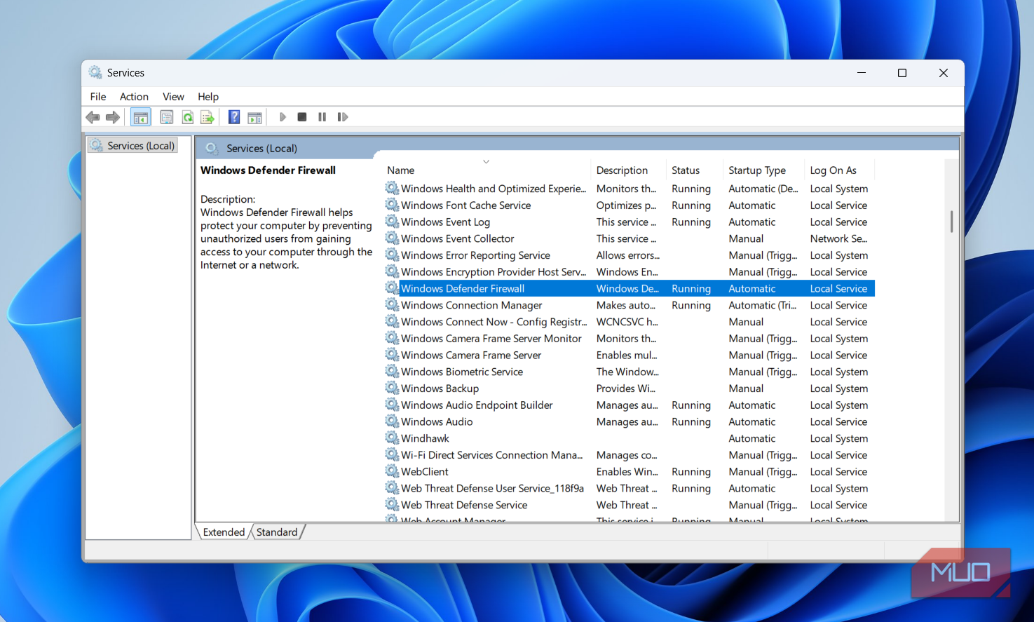 Windows Defender Firewall service on desktop