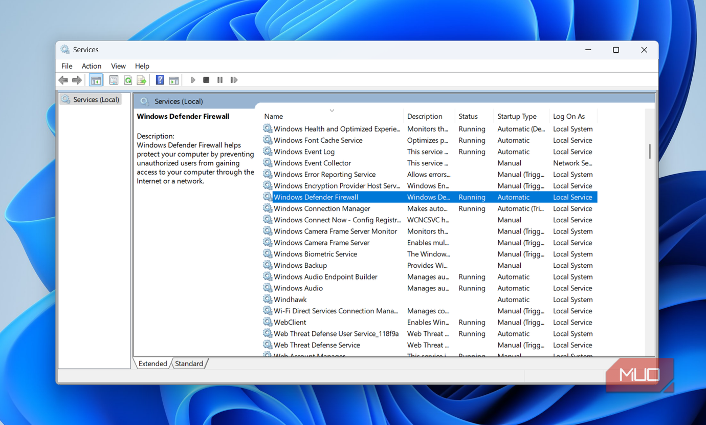 Windows Defender Firewall service on desktop