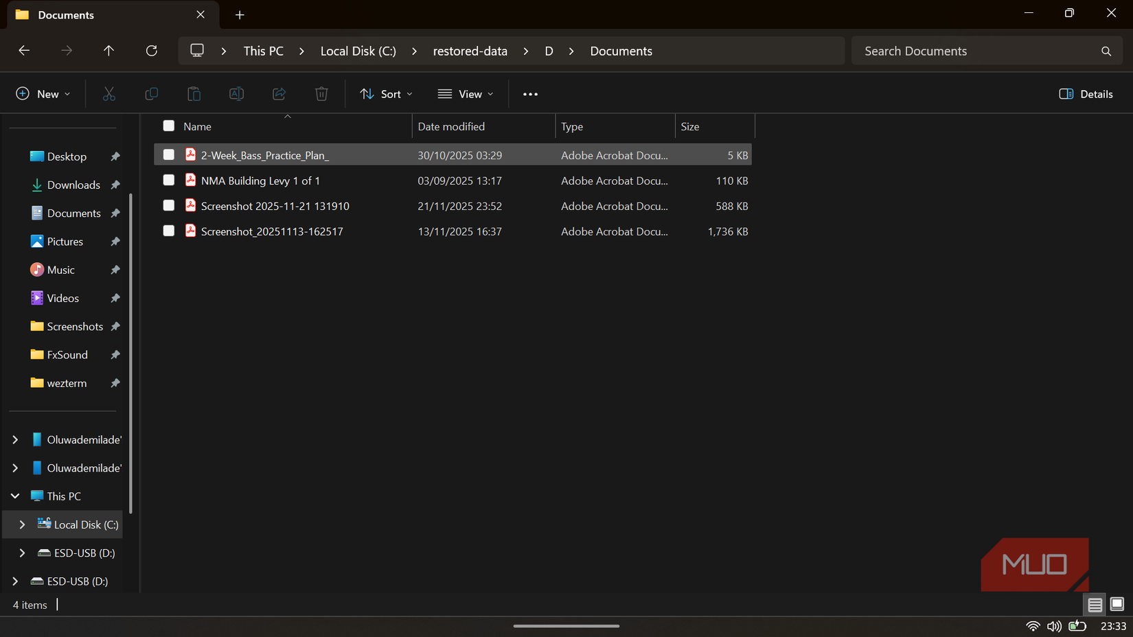 Explorador de archivos de Windows que muestra los archivos restaurados exitosamente ubicados en el directorio de datos restaurados.