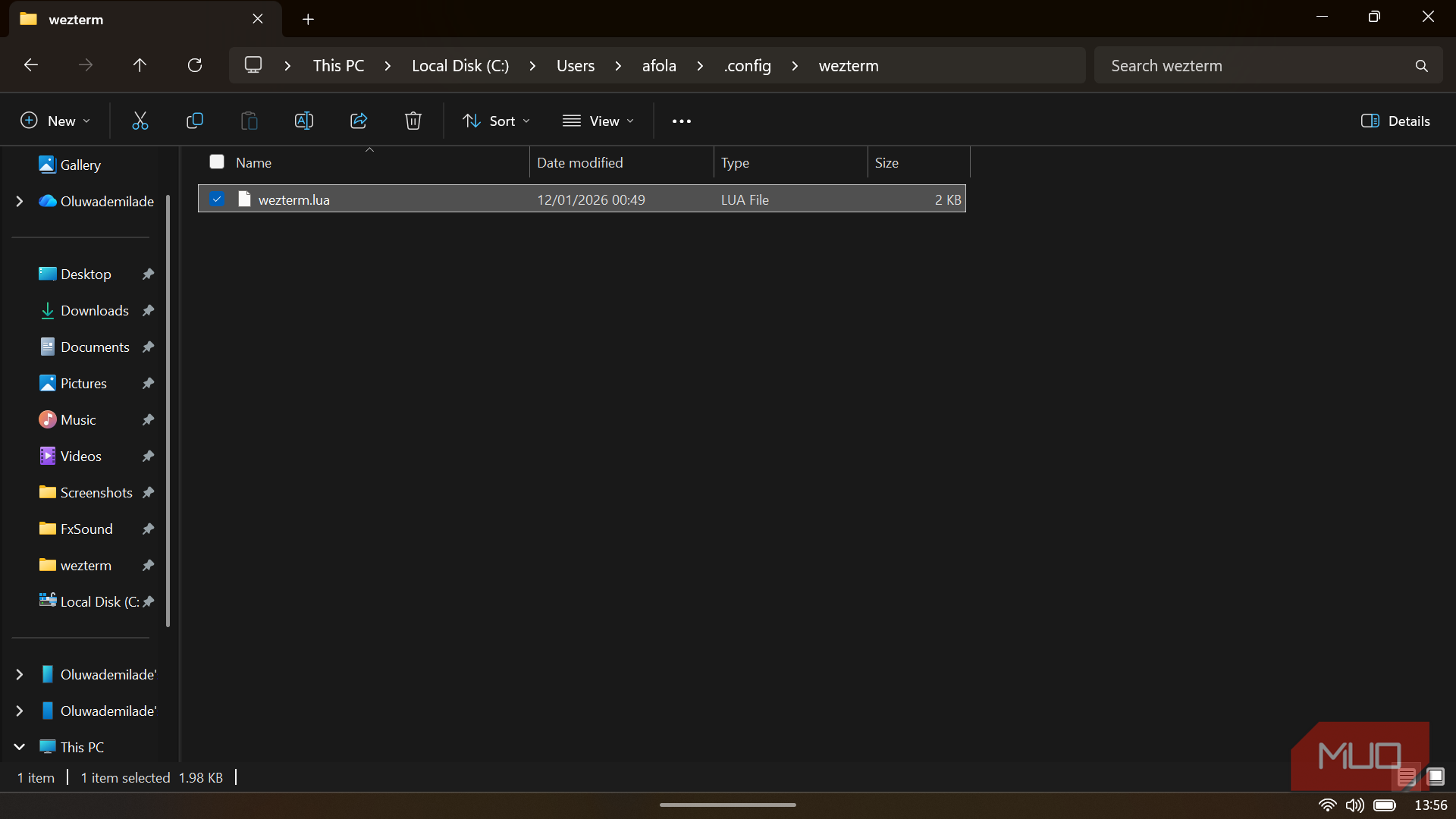 Windows File Explorer showing the wezterm.lua configuration file.