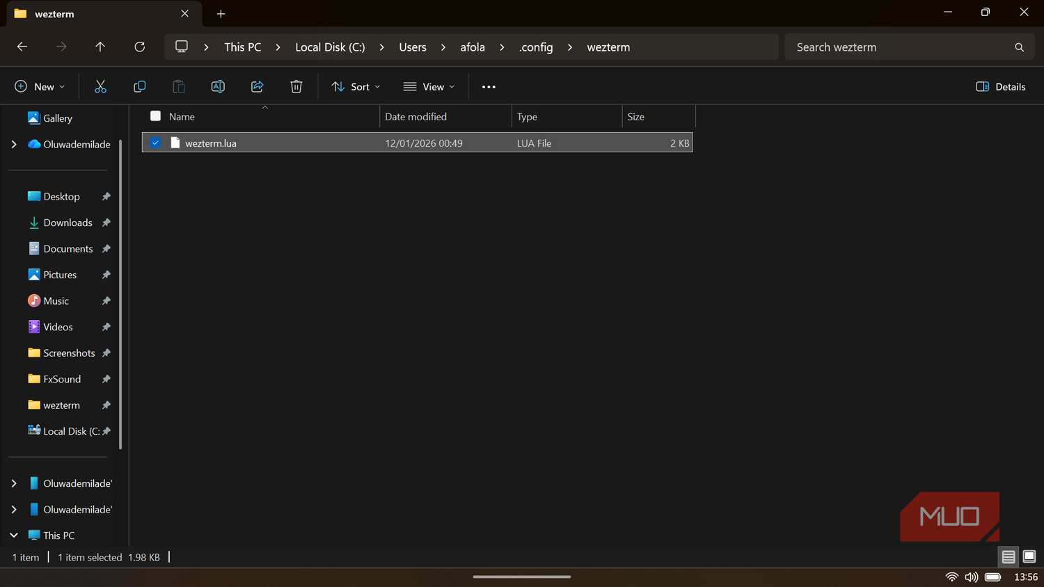 Windows File Explorer showing the wezterm.lua configuration file.