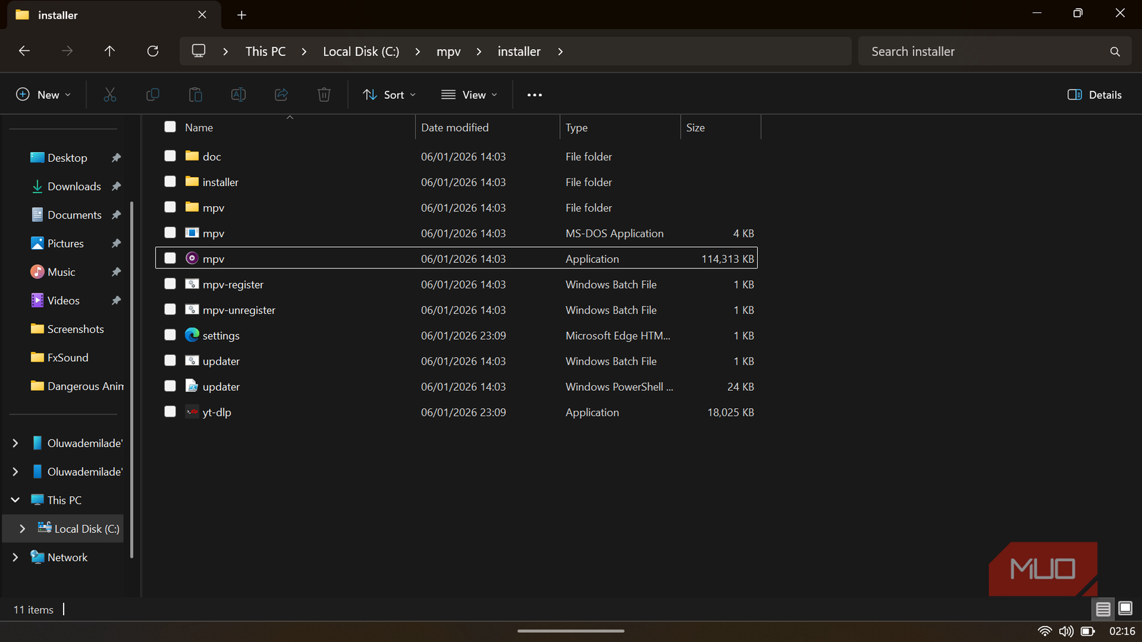 Windows File Explorer window listing the contents of the MPV installation directory.