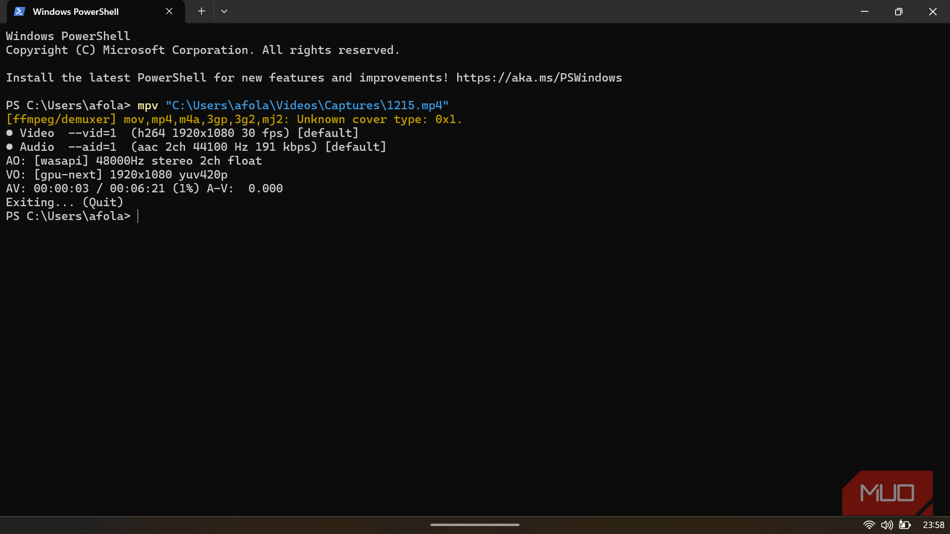 Windows PowerShell terminal showing detailed command-line output logs from running the MPV media player.
