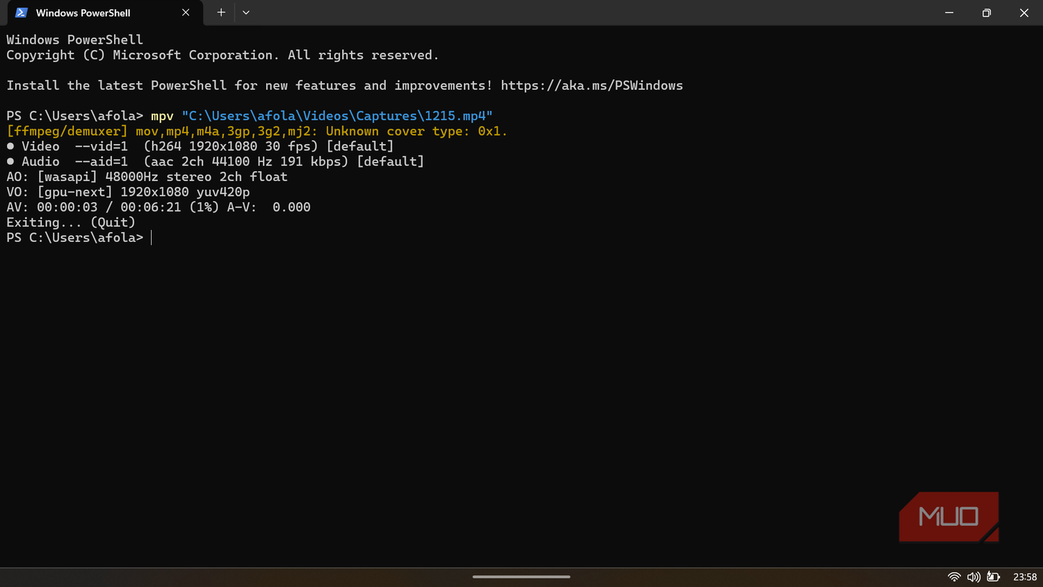 Windows PowerShell terminal showing detailed command-line output logs from running the MPV media player.