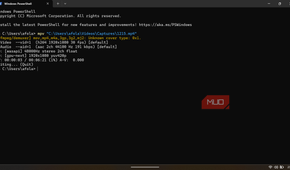 Windows PowerShell terminal showing detailed command-line output logs from running the MPV media player.