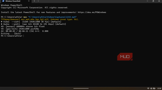 Windows PowerShell terminal showing detailed command-line output logs from running the MPV media player.