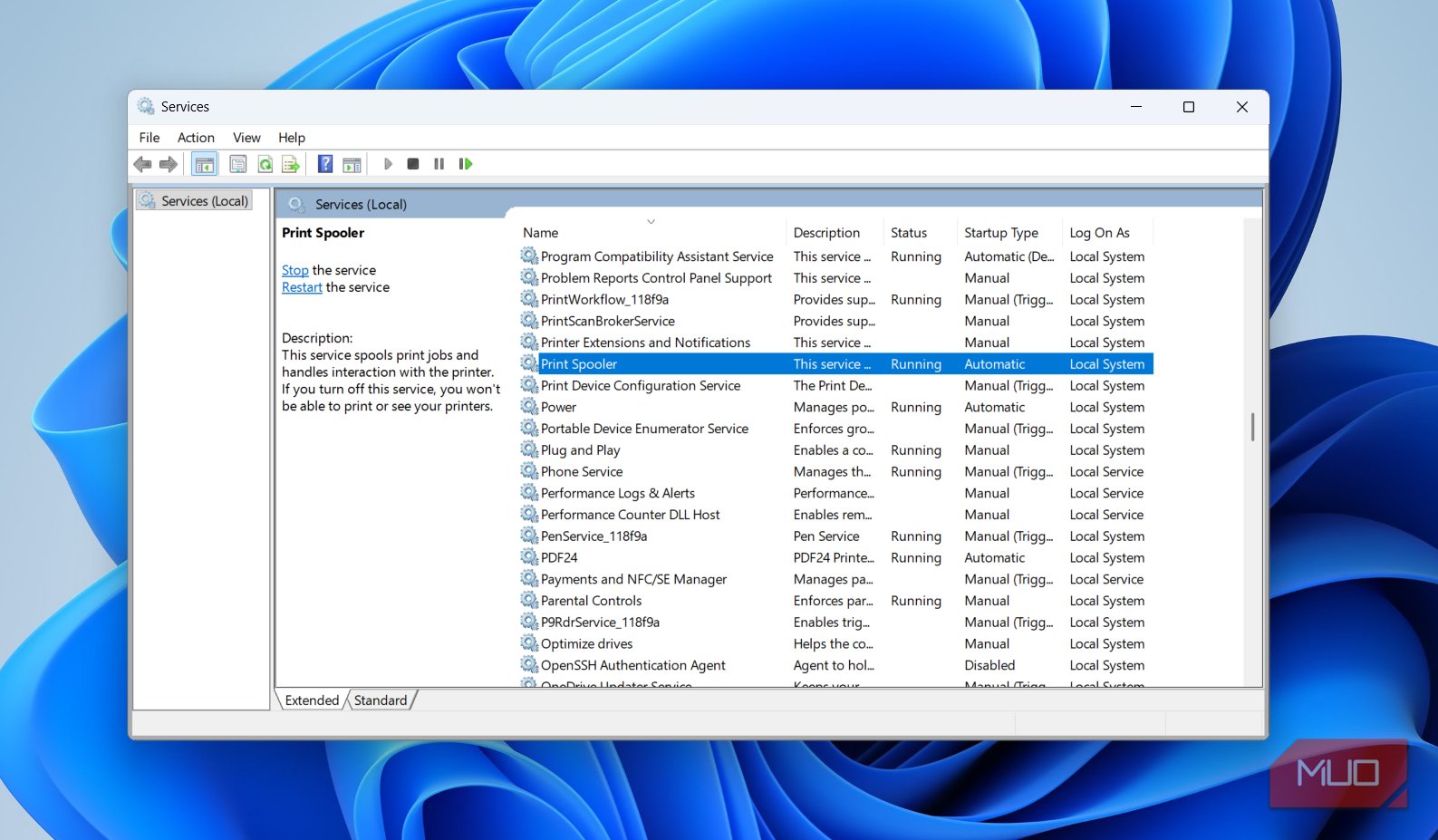 Windows services app on desktop