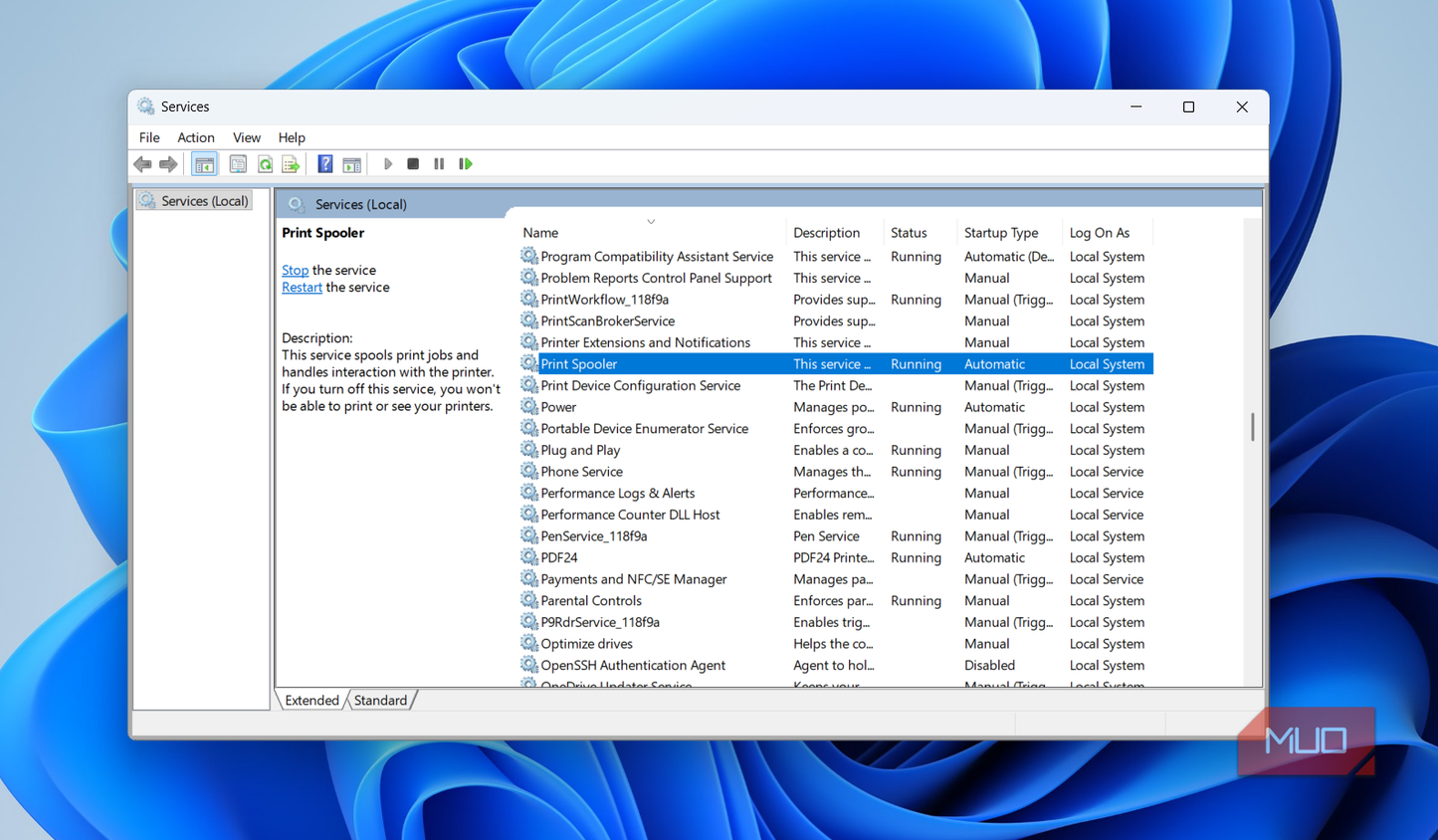 Windows services app on desktop