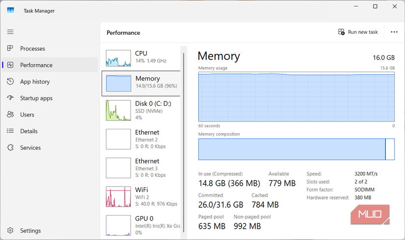 Windows Task Manager showing high memory usage
