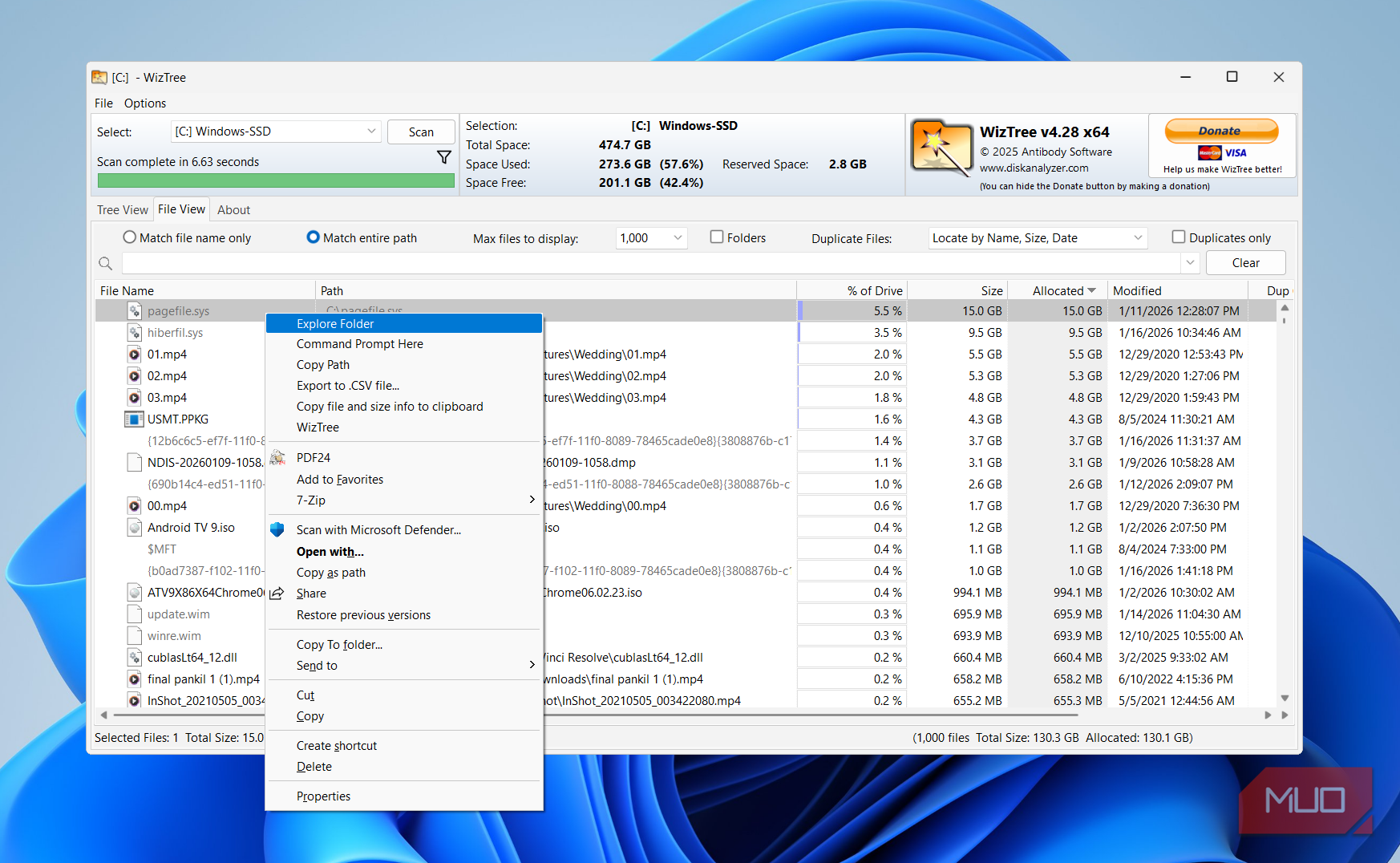 WizTree right-click menu on PC