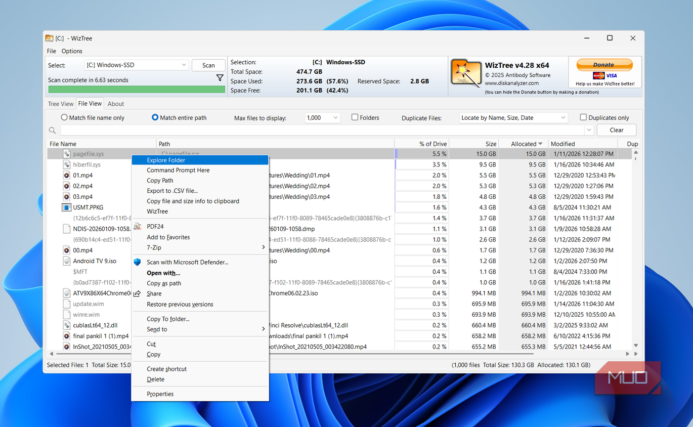 WizTree right-click menu on PC