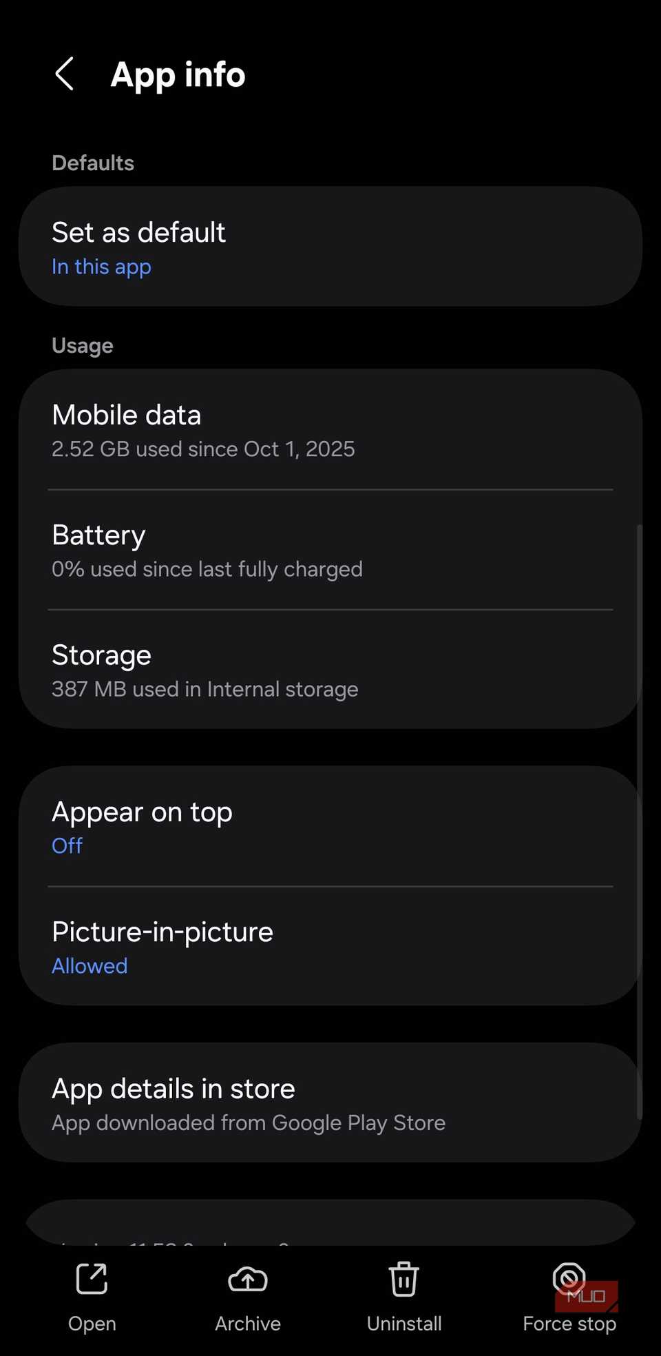 X app info page on Android phone