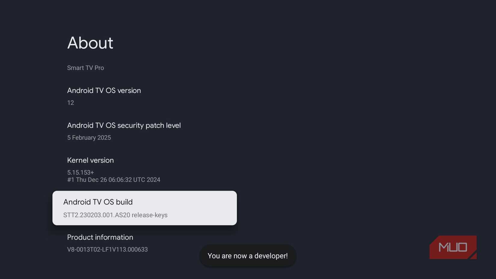 About menu in Google TV showing Android OS build-1