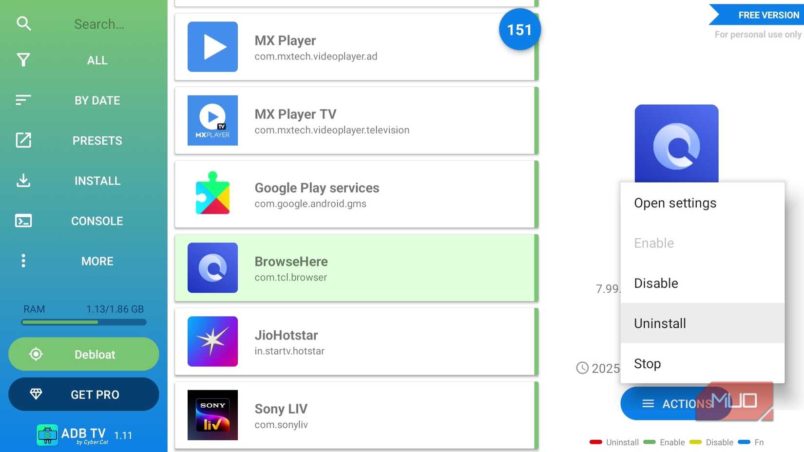 ADB TV app showing uninstall option for browser