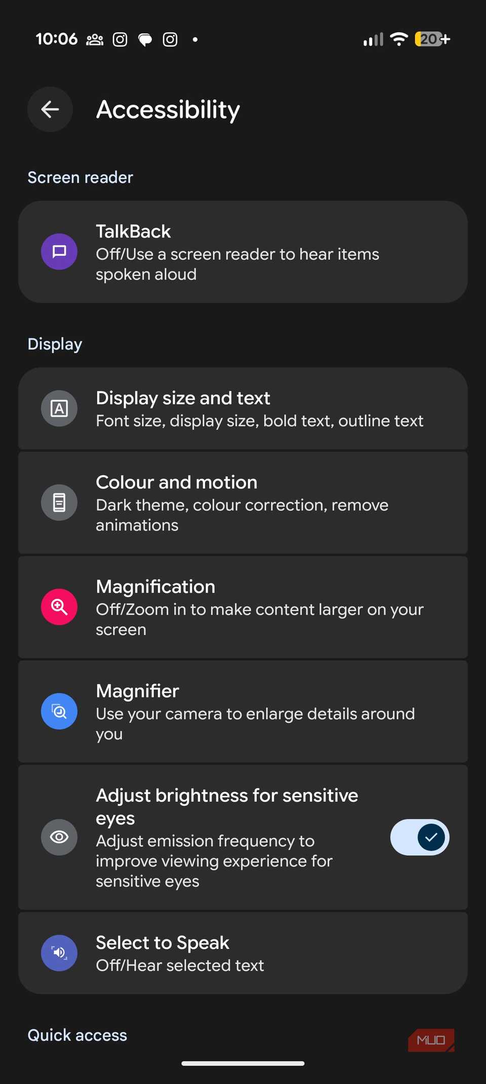 Adjust brightness for sensitive eyes toggled on in the settings app
