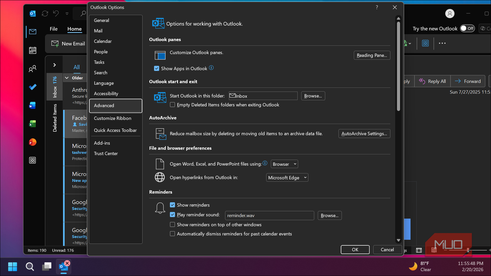 Advanced tab for the Outlook client open on Windows 11