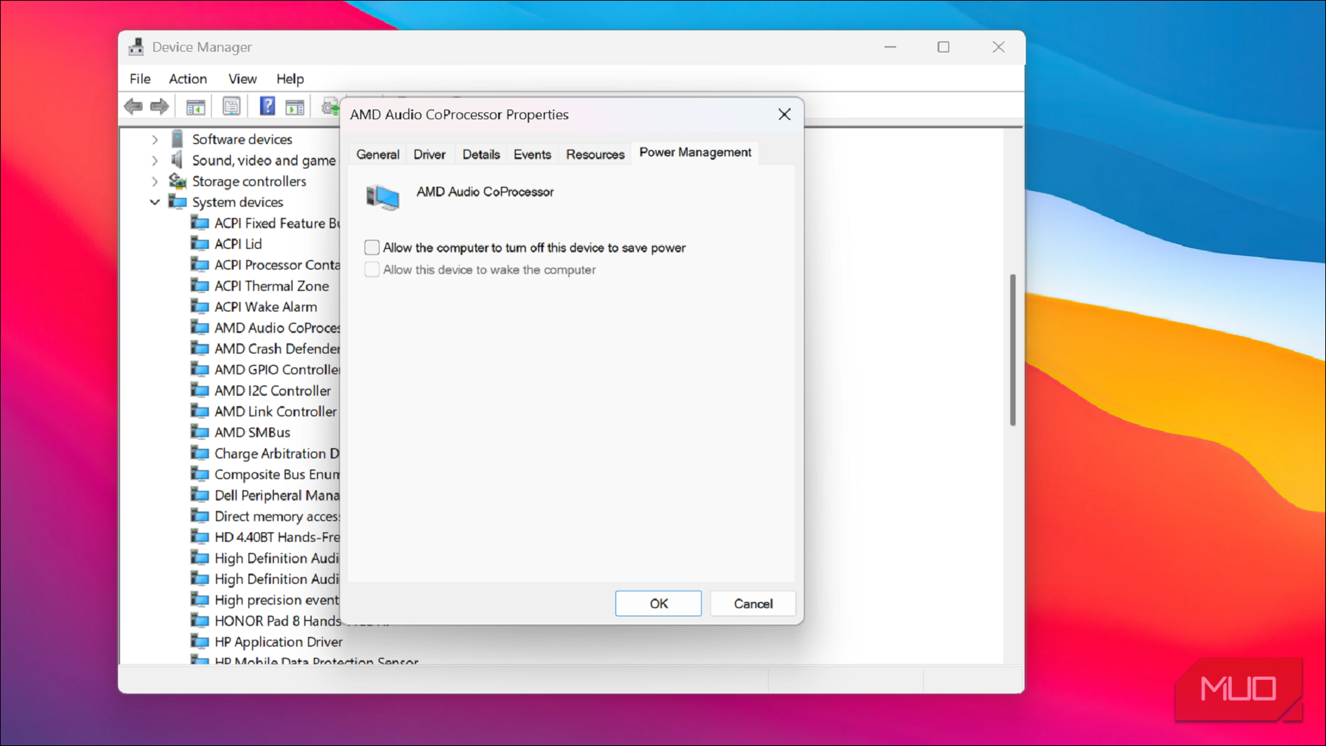 AMD Audio Coprocessor properties dialog in Device Manager on Windows 11