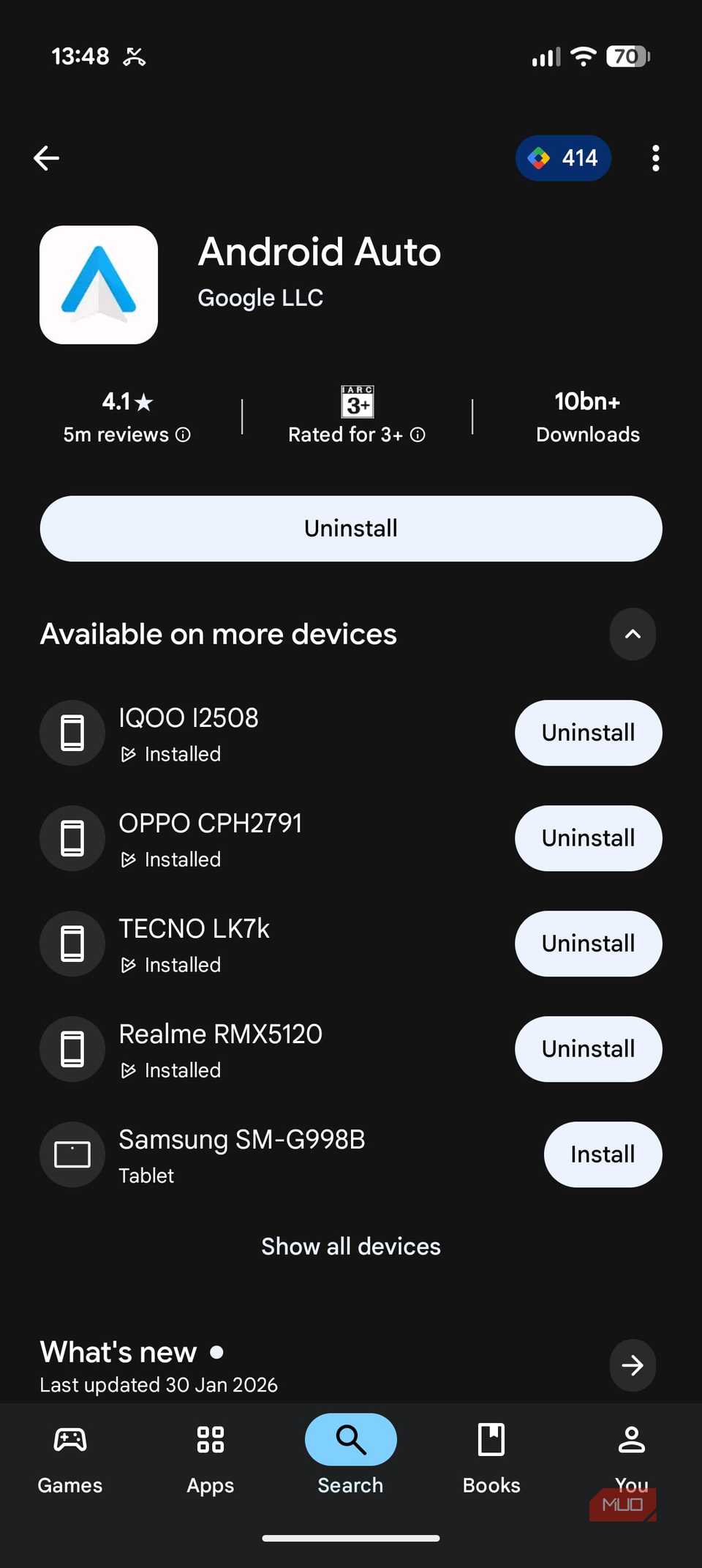 Android Auto app opened on Play Store with Uninstall button visible