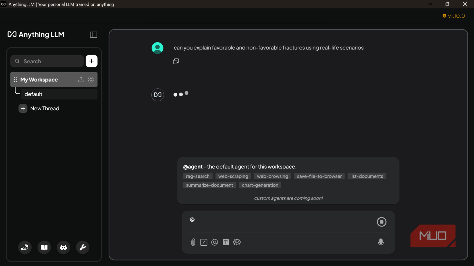 AnythingLLM chat interface showing an active @agent prompt.