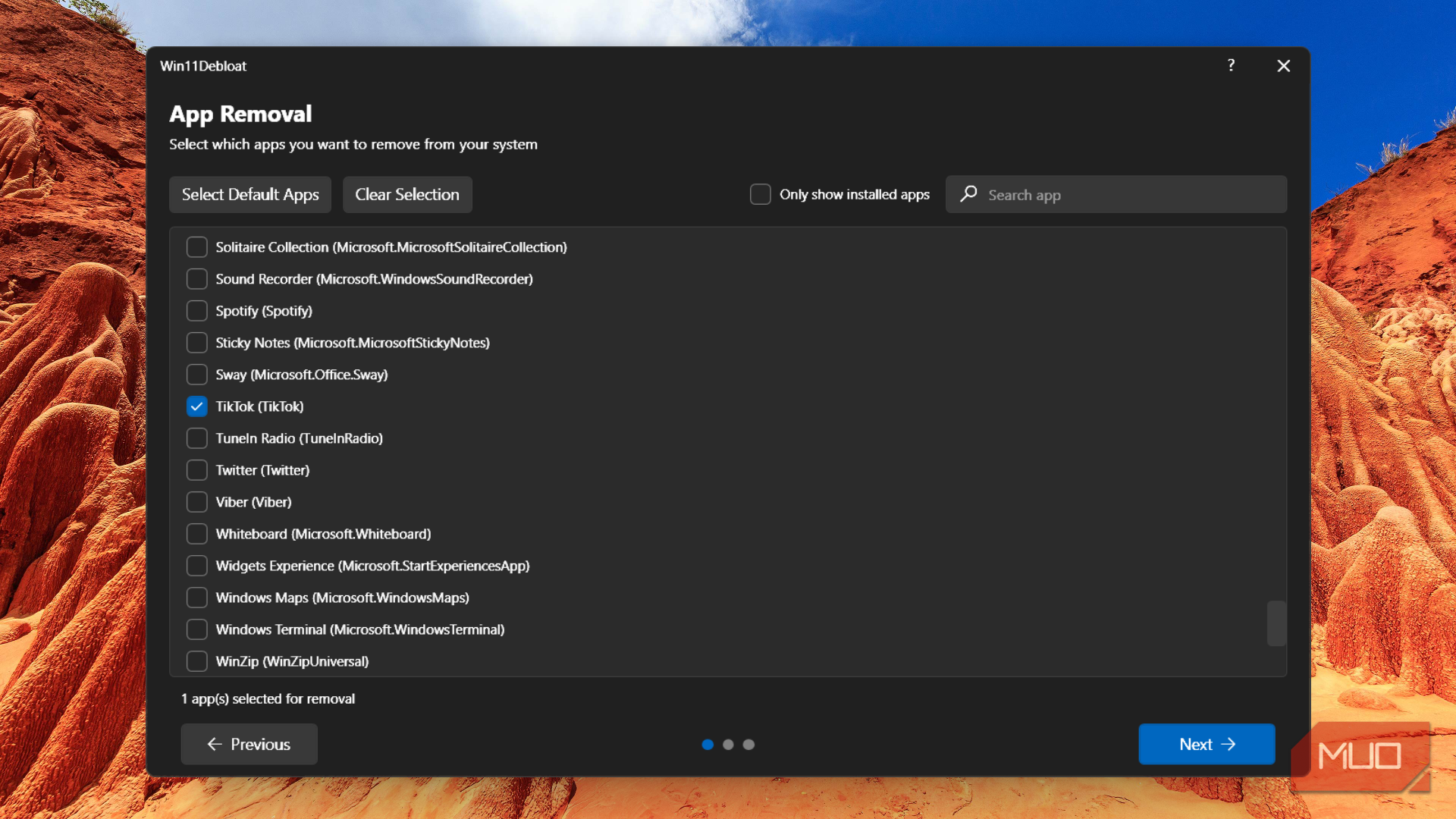 App removal in Win11Debloat showing TikTok selected.-1