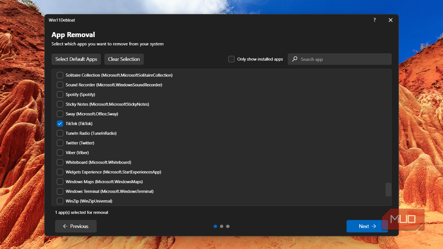 App removal in Win11Debloat showing TikTok selected.-1
