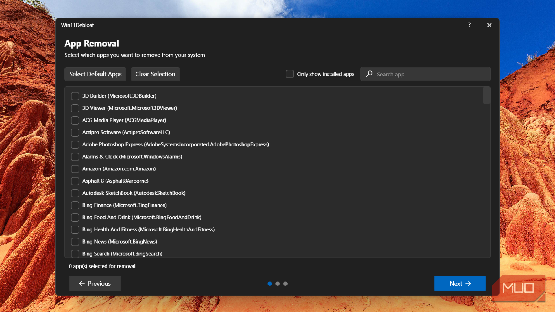 App removal in Win11Debloat showing zero apps selected.-1