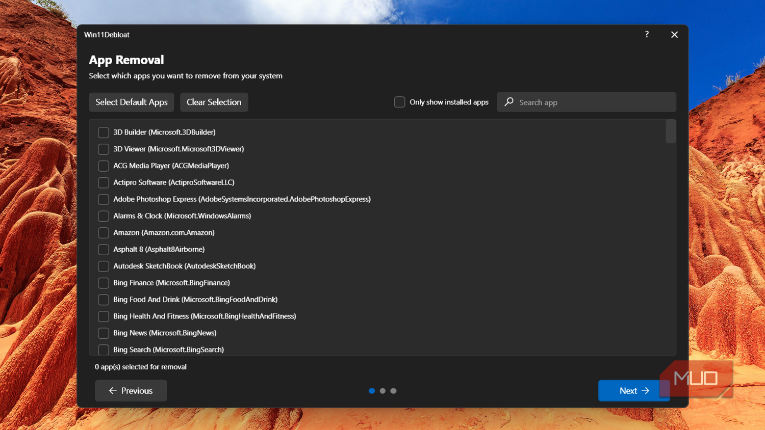 App removal in Win11Debloat showing zero apps selected.-1