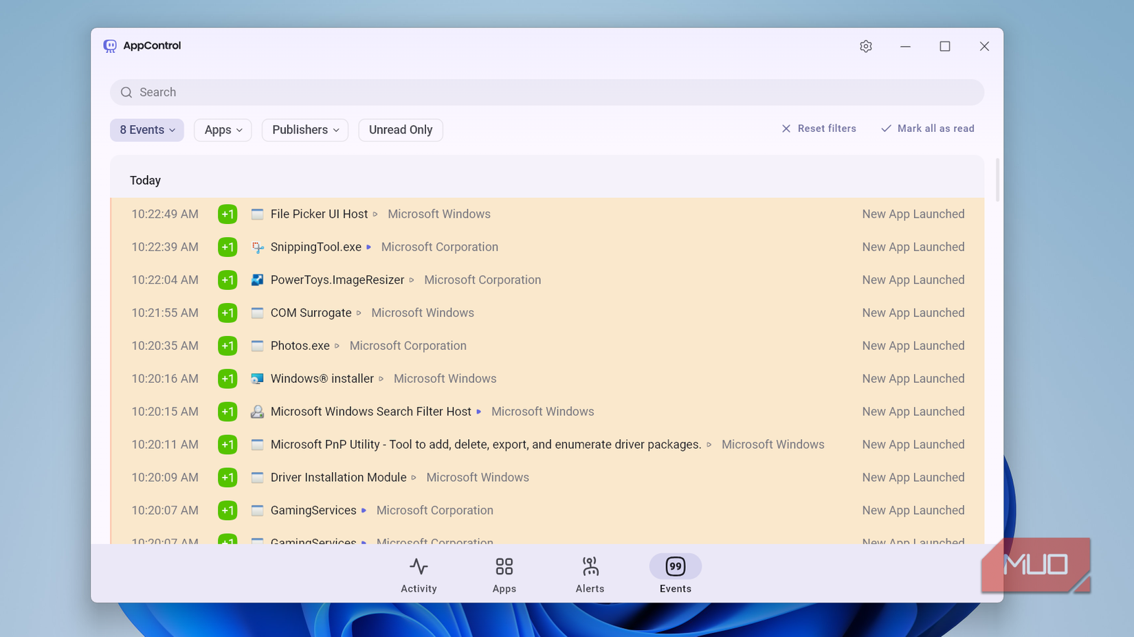 AppControl showing event logs
