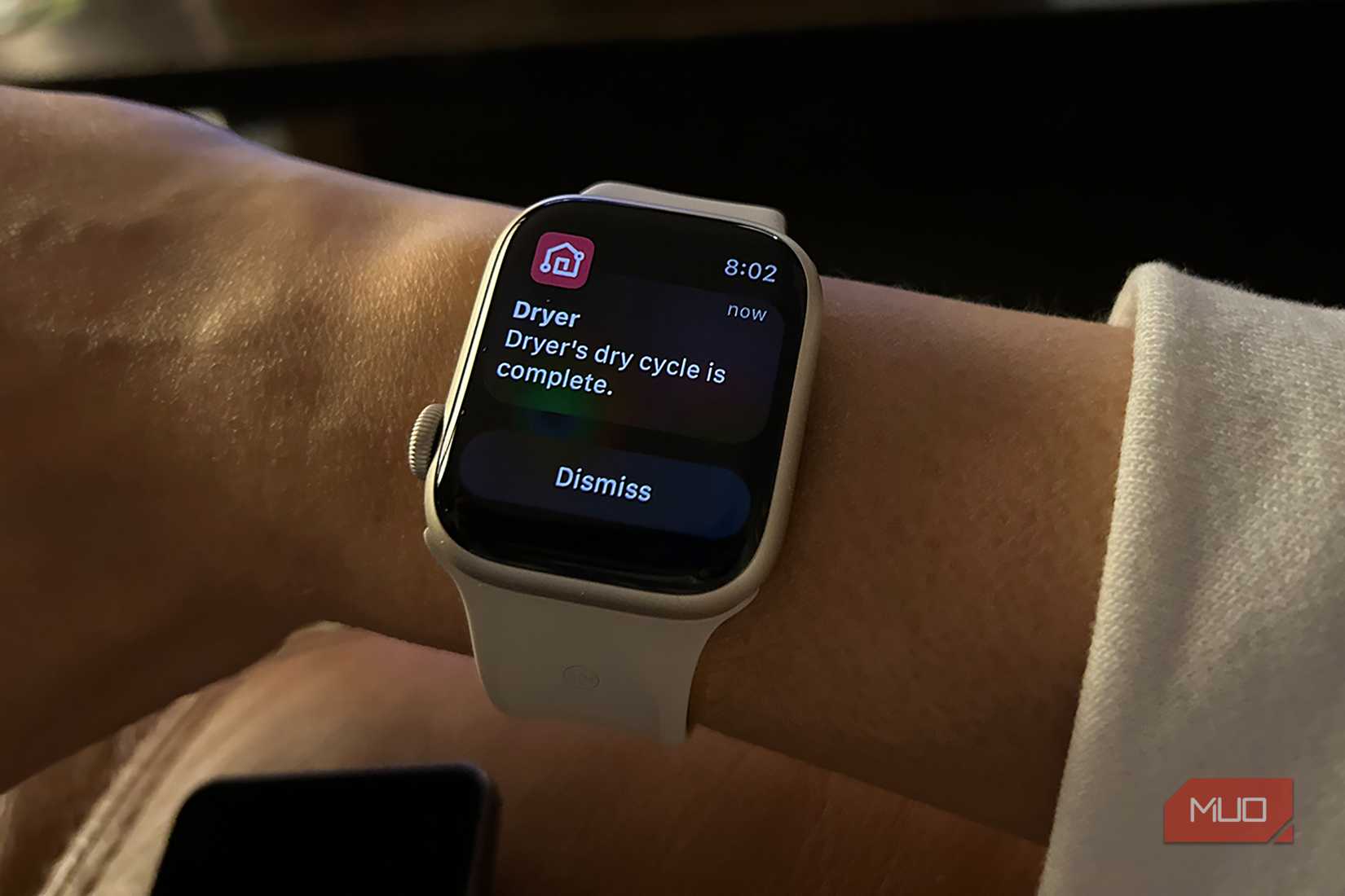 কব্জিতে একটি Apple ঘড়ি, শুকনো চক্রের জন্য একটি LG ThinQ বিজ্ঞপ্তি দেখাচ্ছে৷