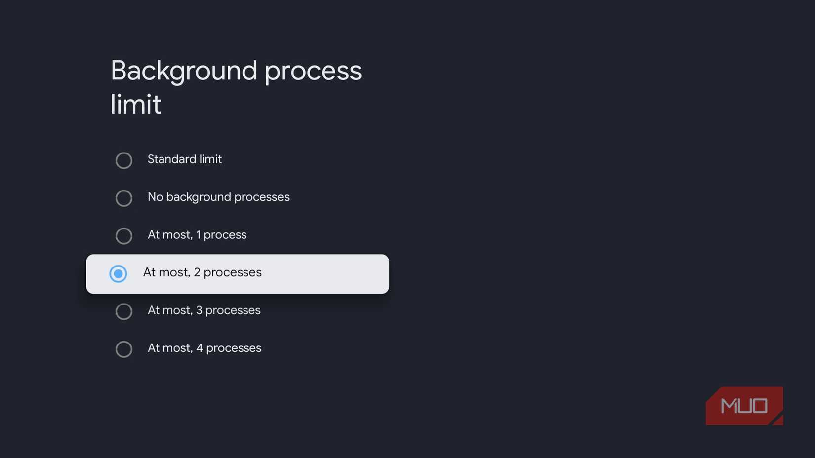 Background process limit option in Google TV Developer Options