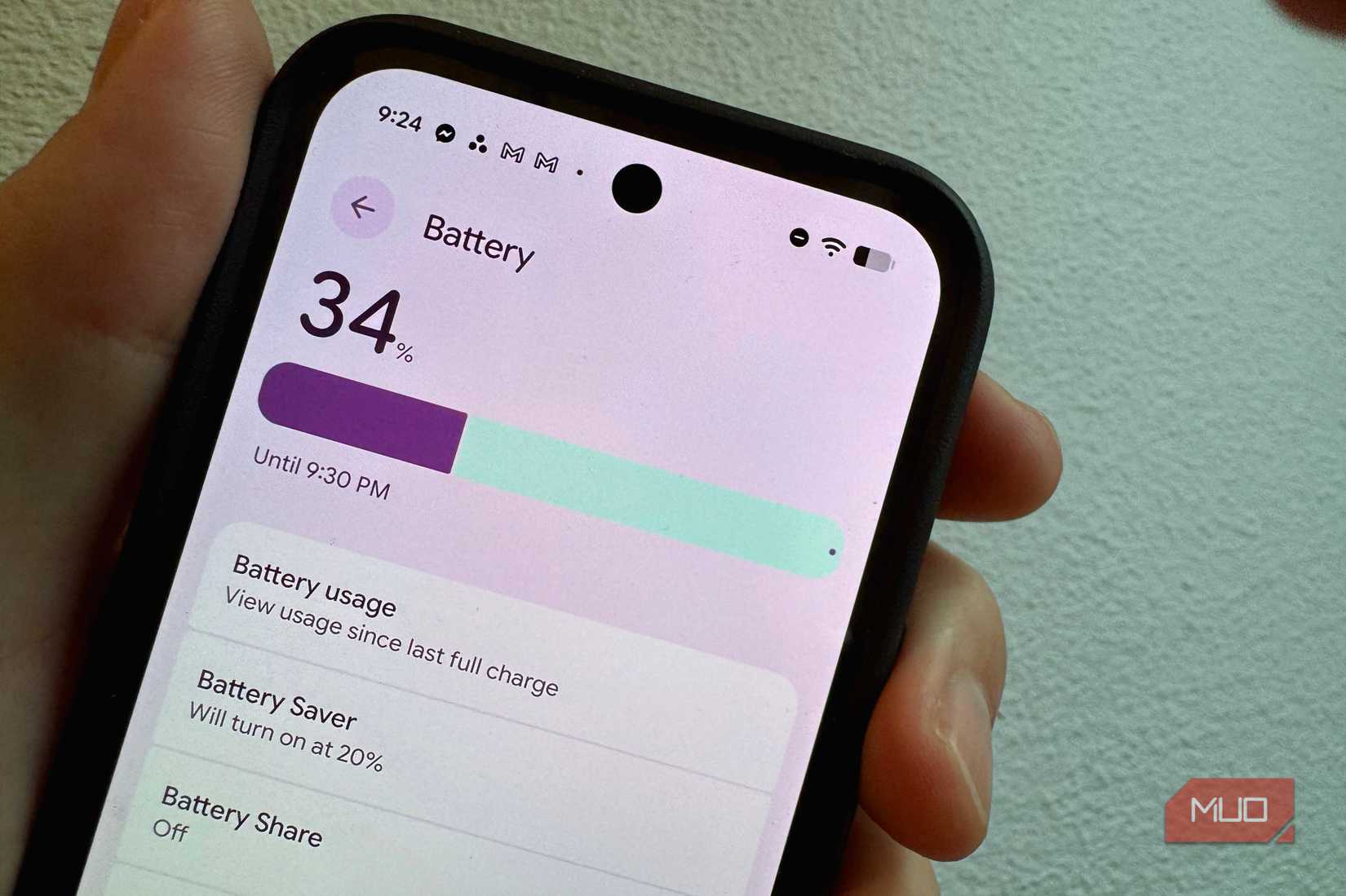 Panel de duración de la batería en Configuración en Android