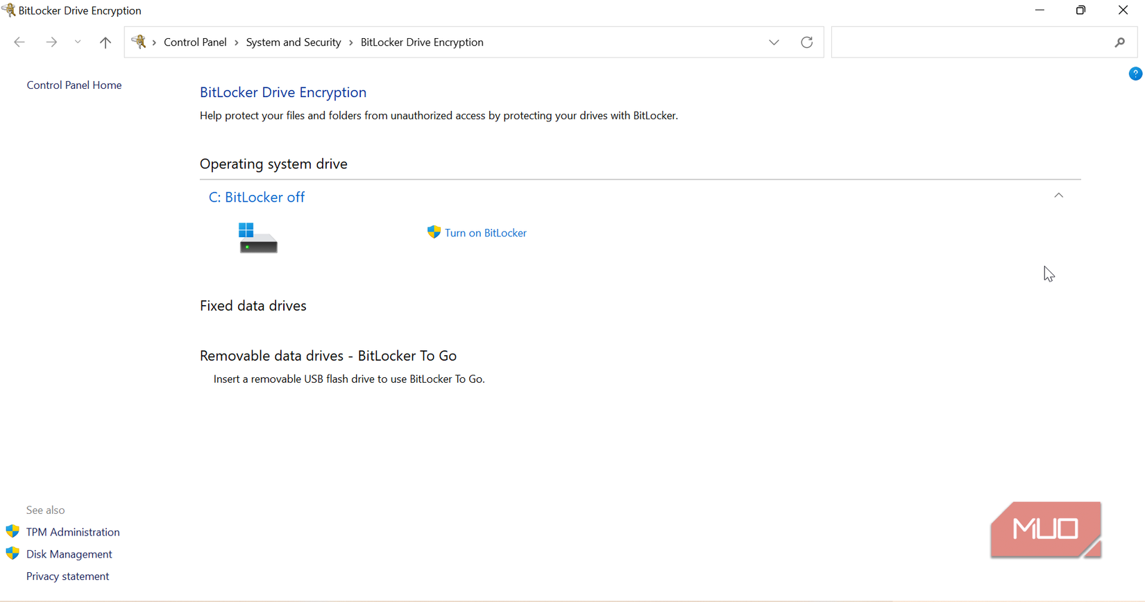 BitLocker Control Panel option'
