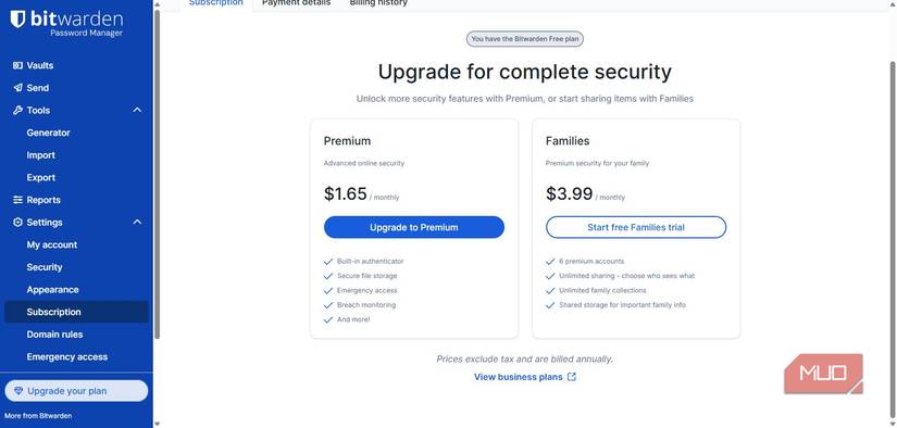 Bitwarden paid tiers