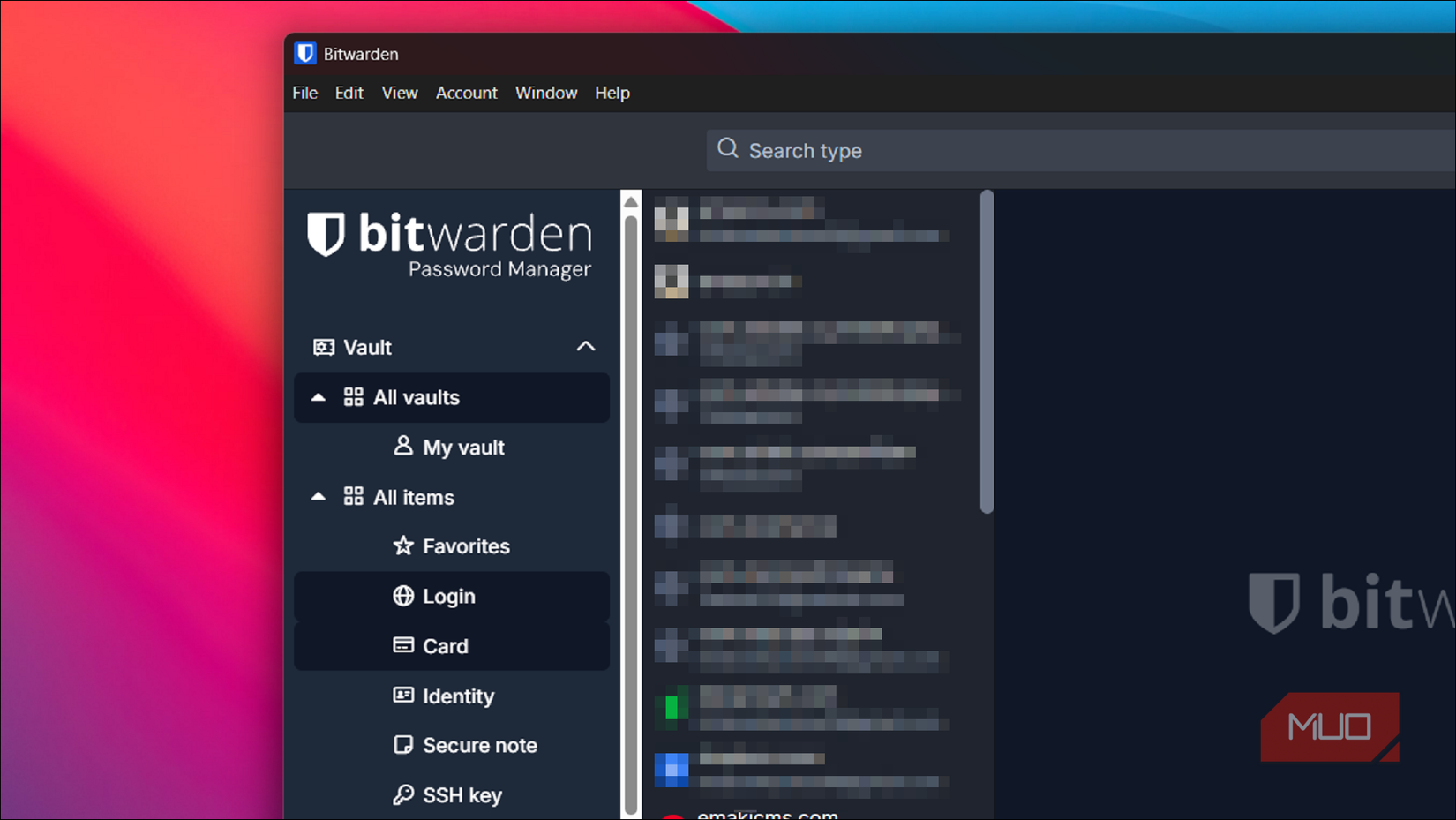 Bitwarden vault menu Open on Windows 11
