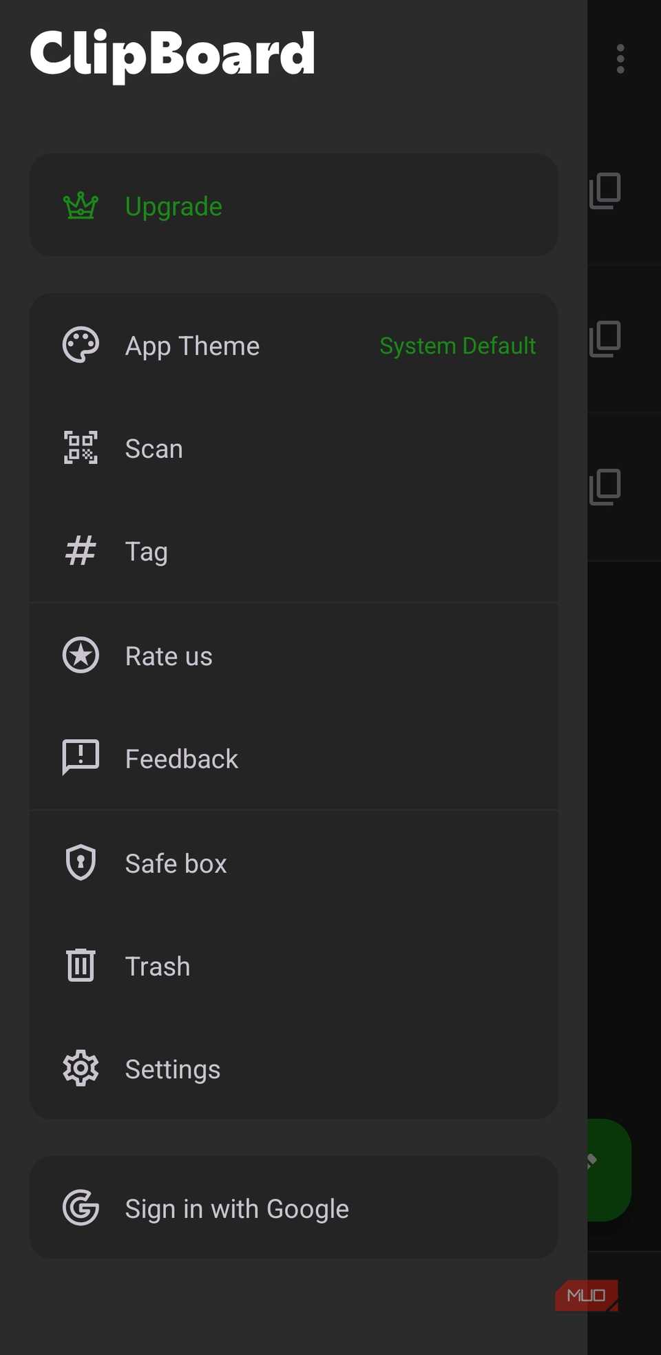 Clipboard app menu on phone
