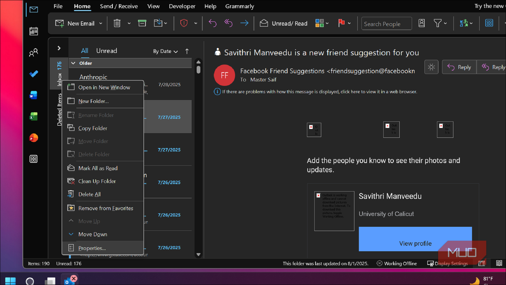 উইন্ডোজের জন্য ক্লাসিক আউটলুক ক্লায়েন্টে ফোল্ডারগুলির জন্য প্রসঙ্গ মেনু