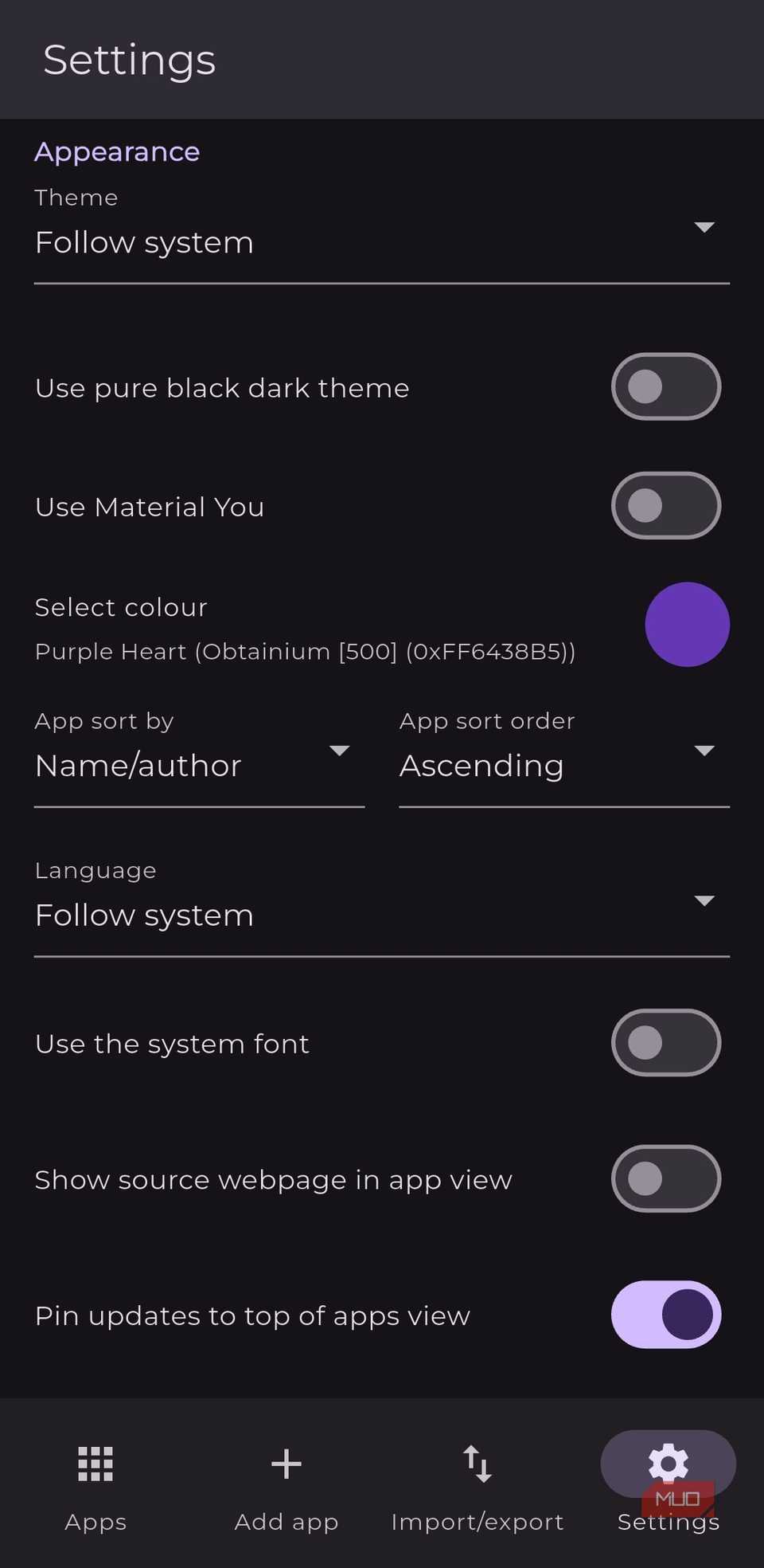 Customization options in Obtainium