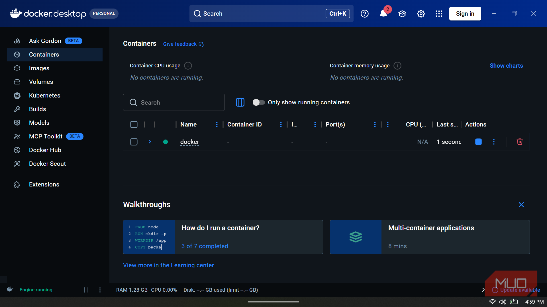 Docker Desktop interface displaying the Containers tab, showing one active container.
