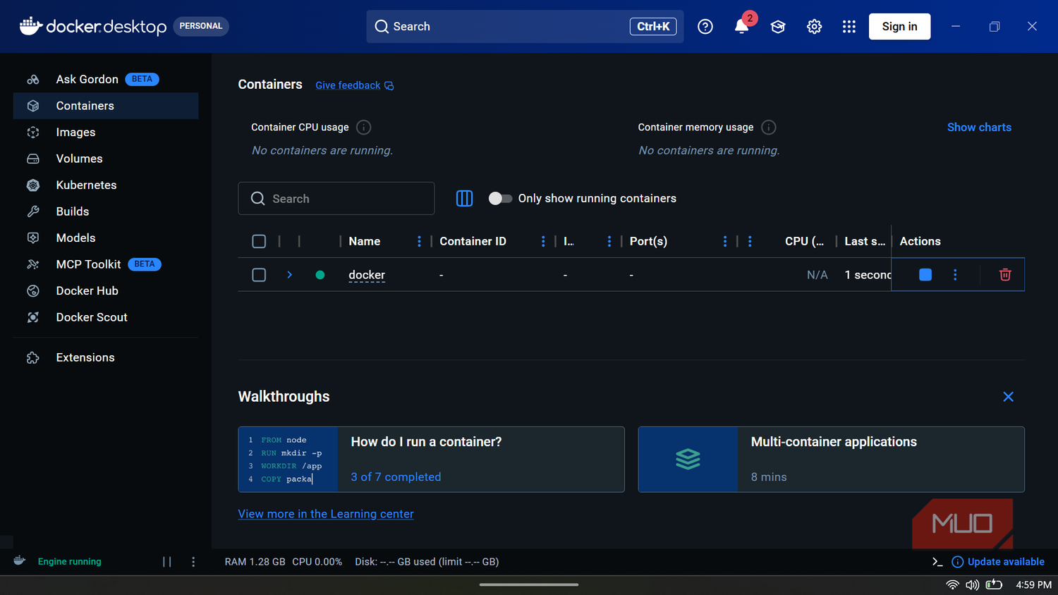 Docker Desktop interface displaying the Containers tab, showing one active container.