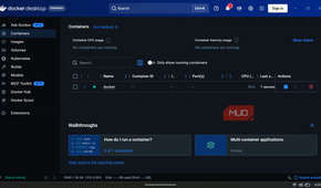 Docker Desktop interface displaying the Containers tab, showing one active container.