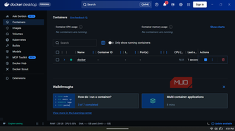 Docker Desktop interface displaying the Containers tab, showing one active container.