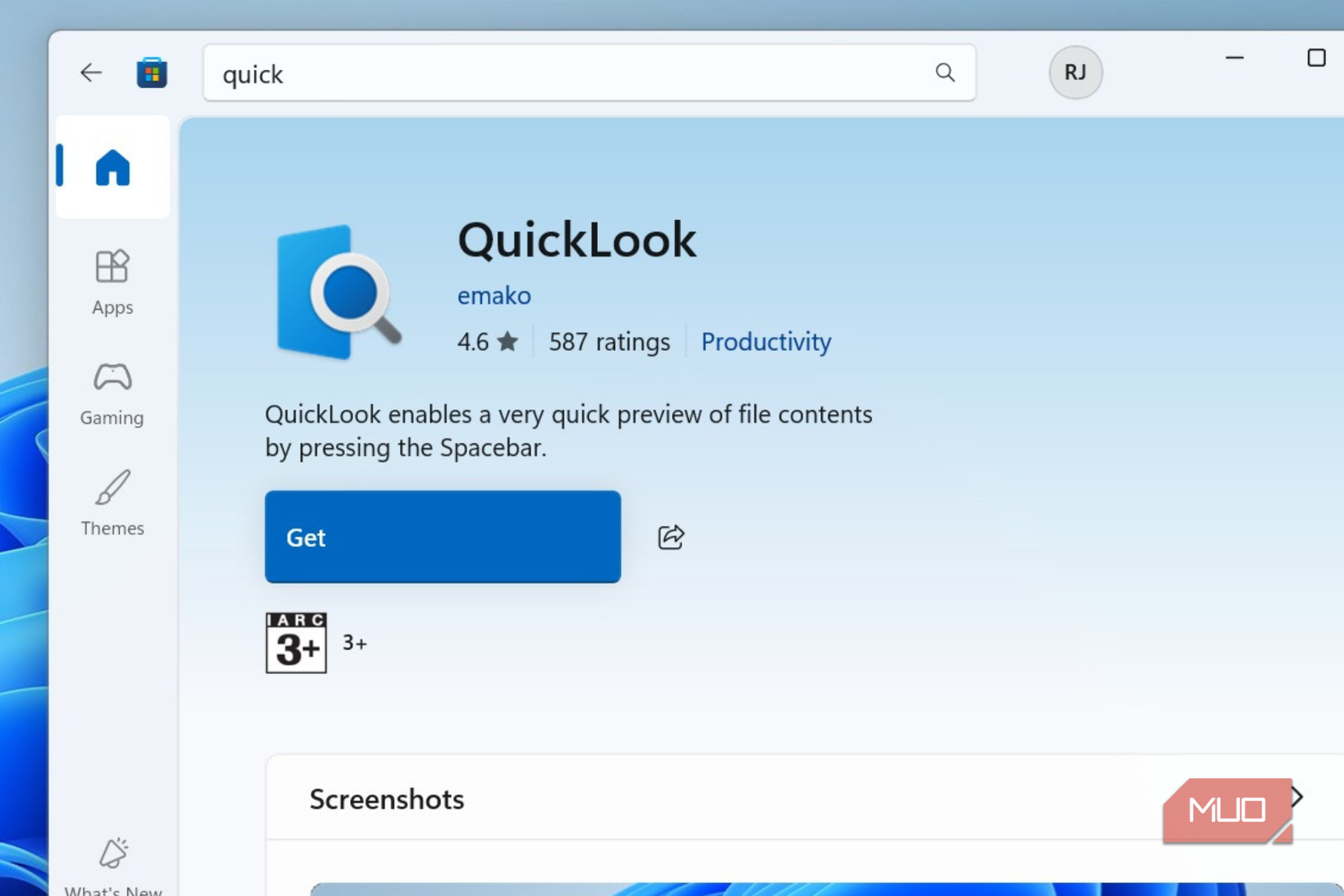 Downloading QuickLook from Microsoft Store on Windows