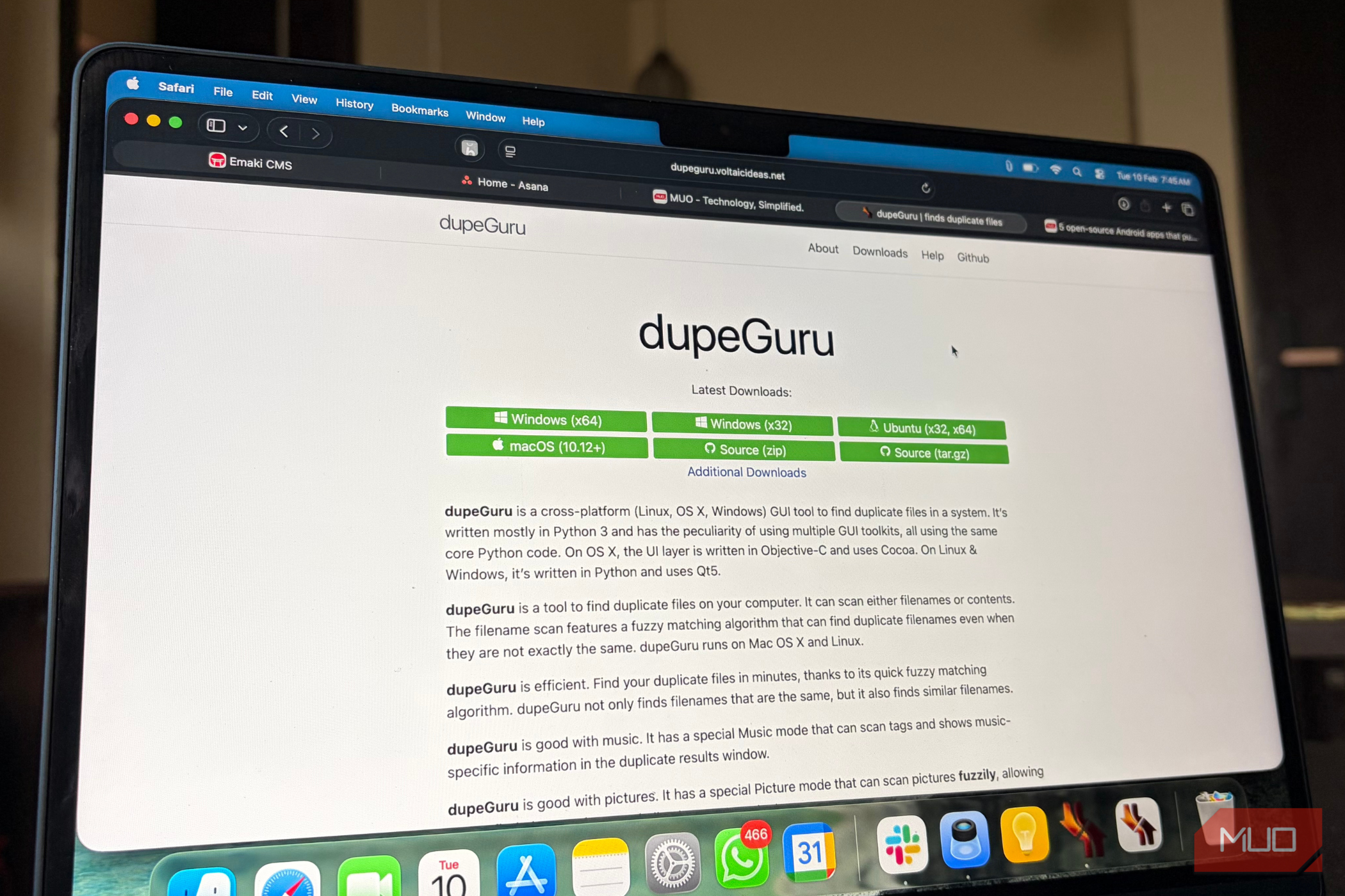 dupeGuru website opened on Safari on Mac