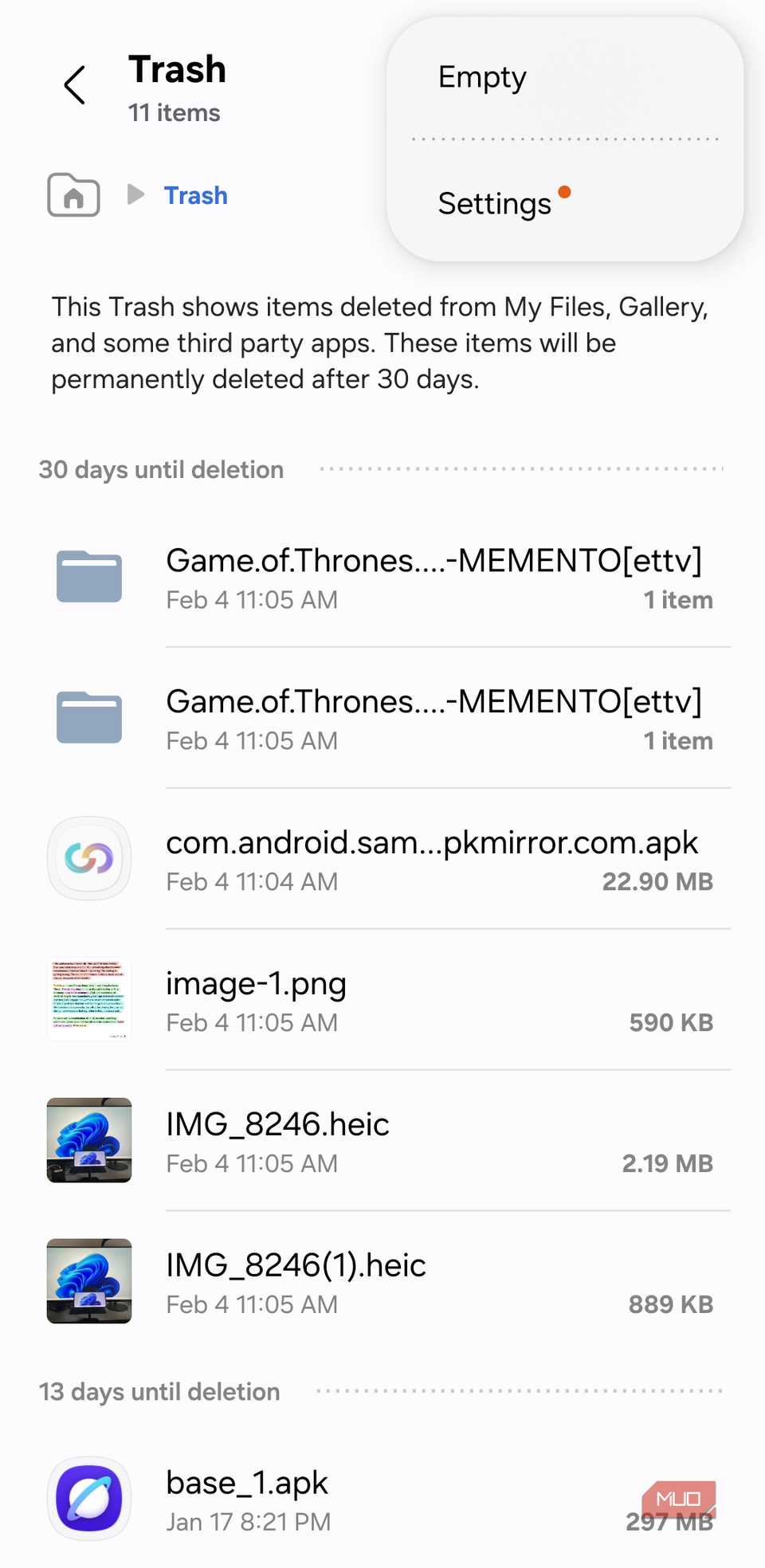 Vaciar la carpeta Papelera en la aplicación Archivos