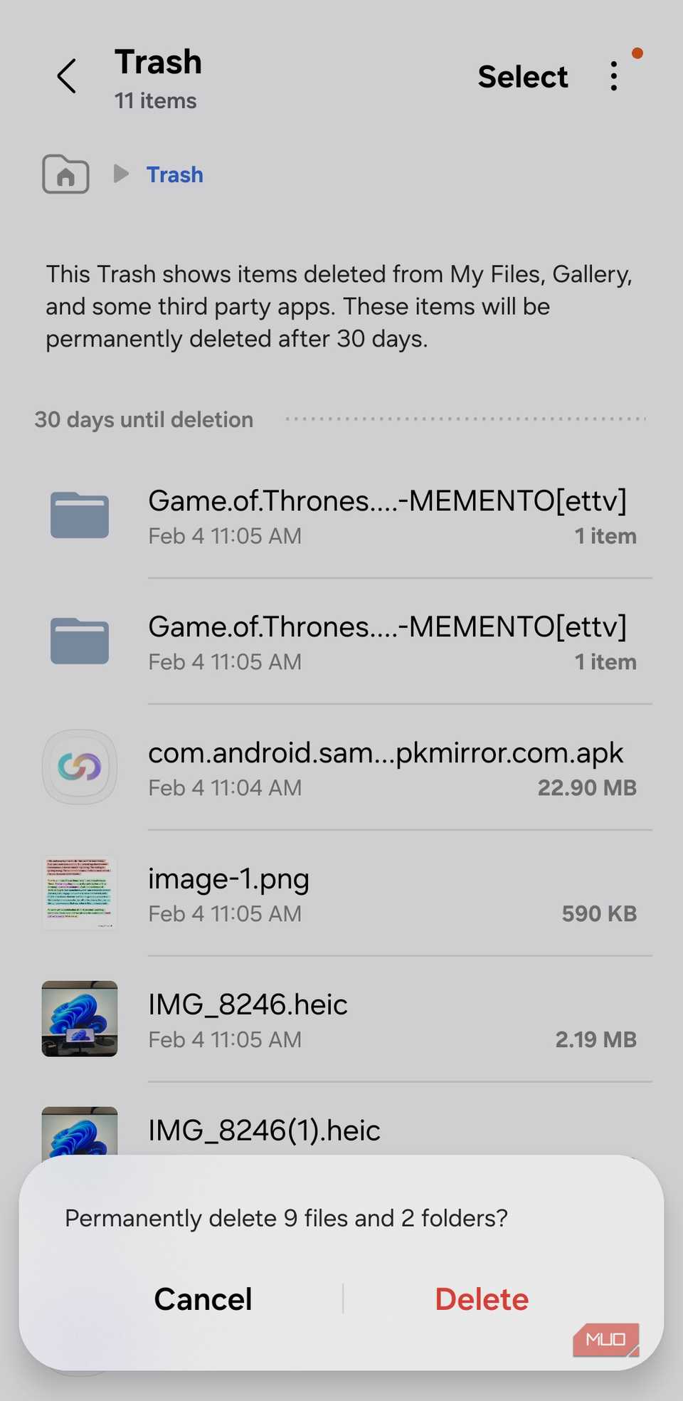 Vaciar la carpeta Papelera en la aplicación Mis archivos
